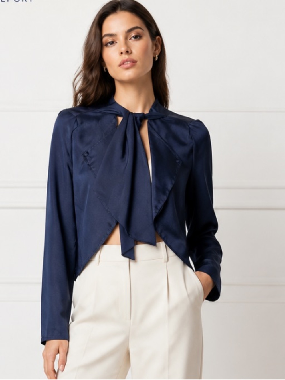 FREE BIRD Blouse Top Navy Blue Bow Open Front Feminine Lightweight Cropped